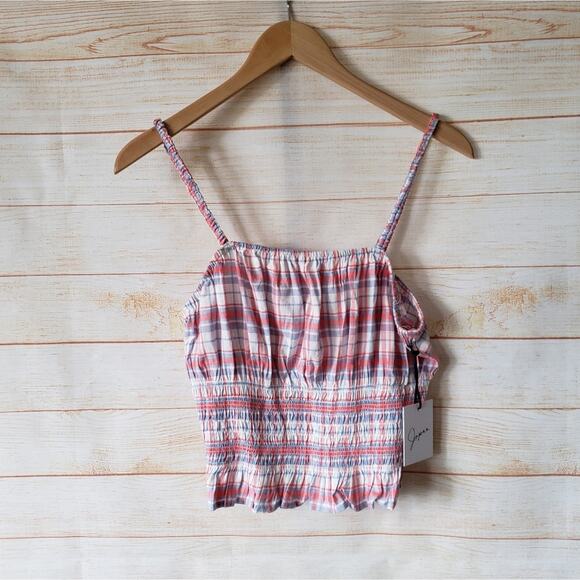 Japna Checkered Plaid Smocked Cropped Tank Top Gingham Cowgirl Women's Large - Picture 1 of 9